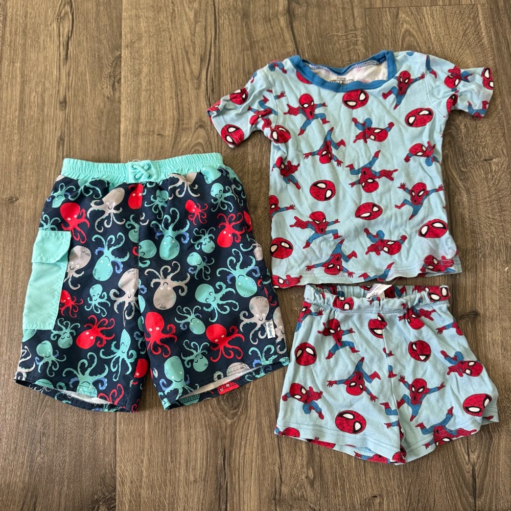 Kids Octopus swim trunks and Superhero Spiderman Pajama Set size 4T boys